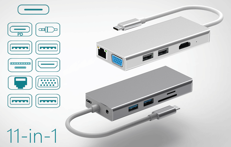 11 in 1 Type C to C/AUX/A/SD/TF/HDMI/RJ45/VGA/A Hub
